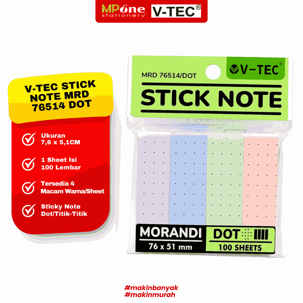 V-Tec Sticky Note MRD 76514 DOT 76 x 51 มม. / Sticky Notes Stick 4 สีเนื้อหา 100 แผ่น V-TEC