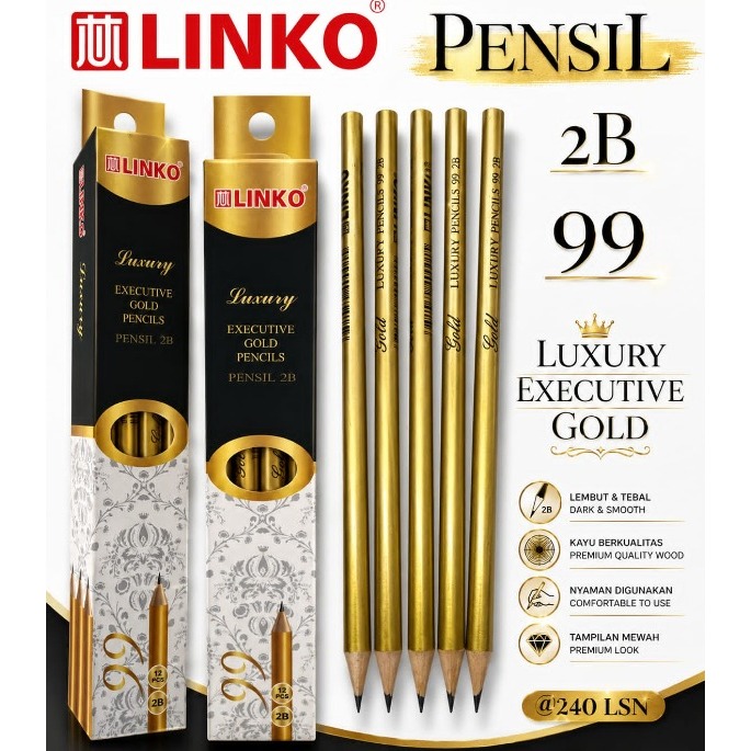 12 ชิ้น LINKO GOLD LUXURY 2B PENCILS / GOLD PENCILS