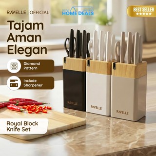 RAVELLE - Royal Block Knife Set 7IN1 Pisau Dapur Anti Lengket Stainless Steel, Knife Block, Gunting