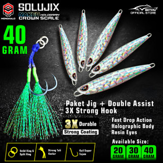Metal Jig 40 Gram MONGKALO SOLUJIX Naked Hologram Silver Lengkap 1 Set Double Assist Hook 40grm Umpan Pancing etaljig 40gr Killer Umpan jigging 40