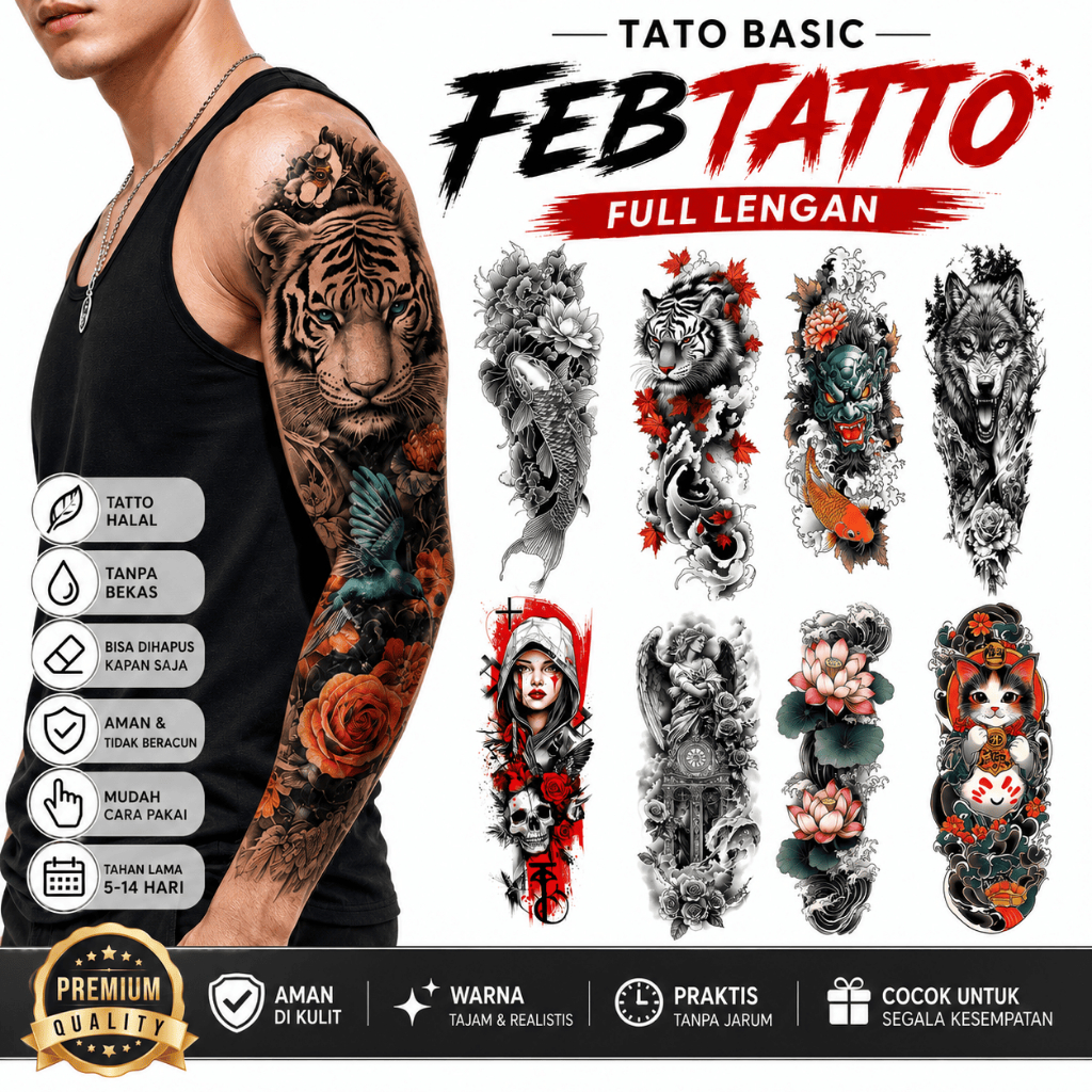 Basic รอยสักชั่วคราว FULL SLEEVE 17x48 ซม.รอยสักชั่วคราวฮาลาล Tattoo Water Tattoo Devil Tiger Lion C