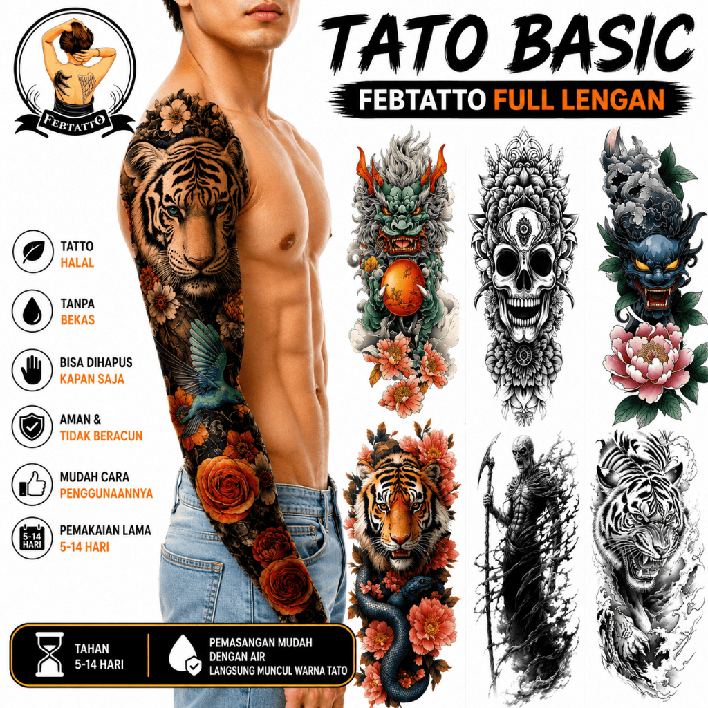 Basic ชั่วคราว Tattoo FULL SLEEVE 17x48 ซม.ชั่วคราว Tattoo ฮาลาล Tattoo น้ํา Skull Tiger Snake Devil