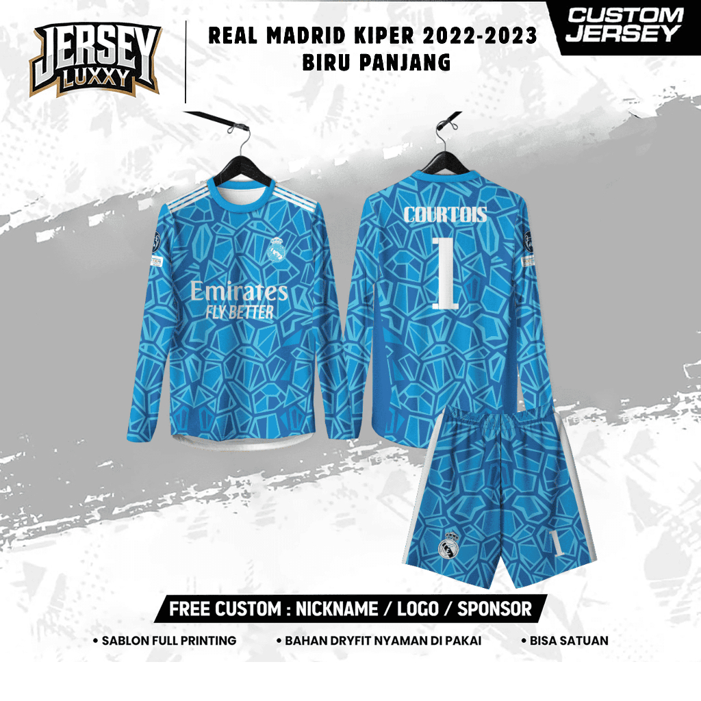 REAL MARDID GOALKEEPER JERSEY 22-23 สีฟ้ายาวฟรี CUSTOM สําหรับเด็กและผู้ใหญ่