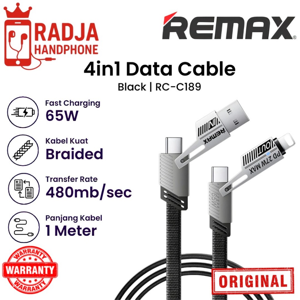 Remax RC-C189 สาย USB Lightning 65W พร้อมส่วนต่อขยาย USB-C และ USB-C ชาร์จเร็ว