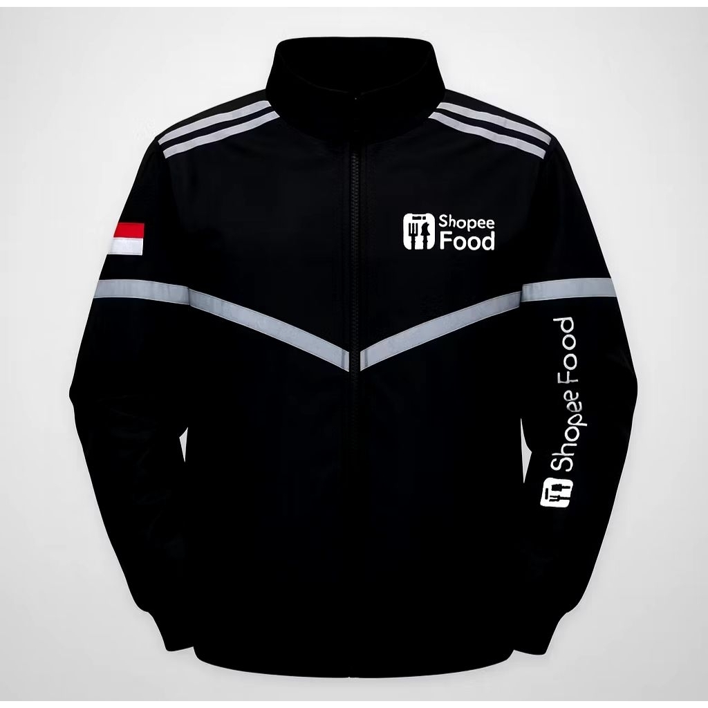 Shopeefood เสื้อแจ็คเก็ตมอเตอร์ไซค์สีดําพร้อมงานปักเต็มรูปแบบ วัสดุ Taslan สุดเท่