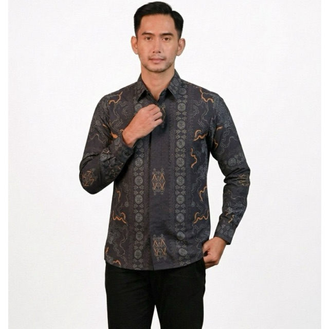 Mkทอ MOTIF เสื้อเชิ้ตบาติกแขนยาวผู้ชายพร้อมซับในด้านในทรงสลิมหรูหรา