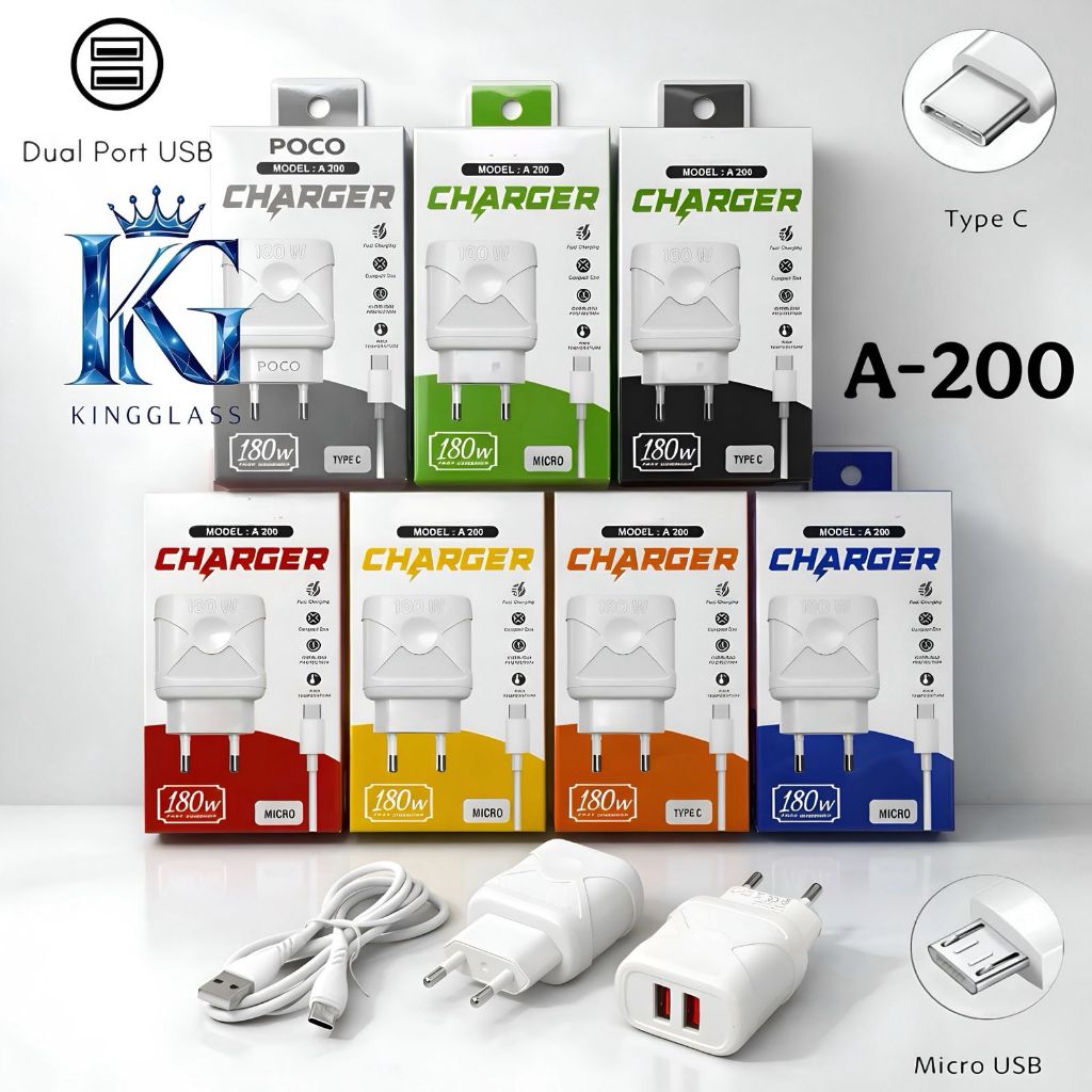 A-200 180W Dual USB Port Charger + Type C / Micro Cable เข้ากันได้กับ Android ทุกรุ่น [RSJ]