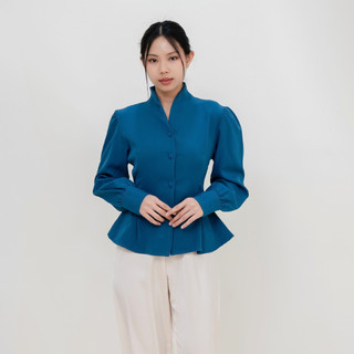 NJONJAGAN - Matra Blouse / Atasan Kemeja Wanita | Puffy Sleeves | Peplum Cut | Adjustable Back Belt | Kancing Lapis