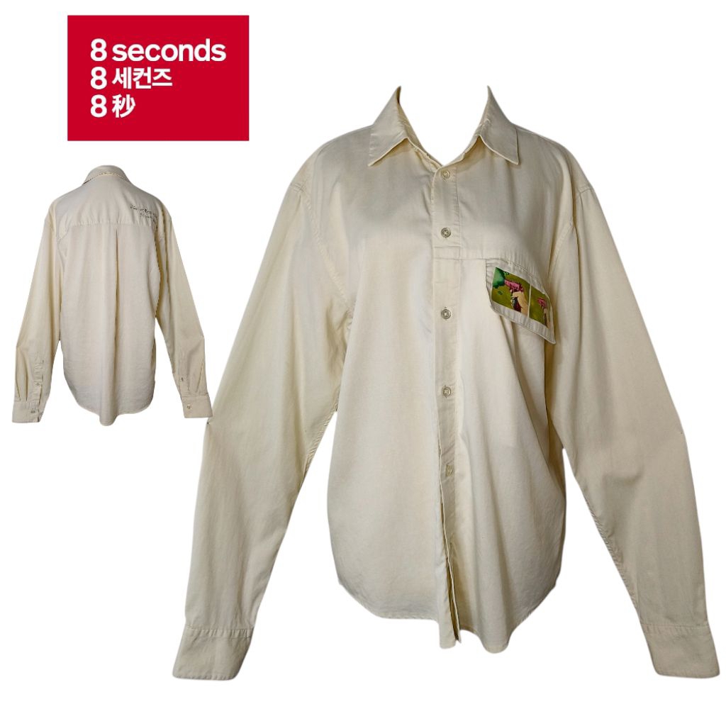 8 SECONDS เสื้อเชิ้ตผ้าฝ้ายแขนยาวสีเบจกระเป๋าเดี่ยวขนาด M