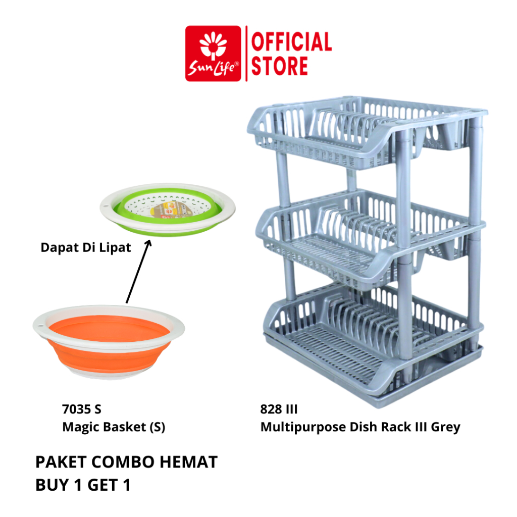 Sunlife Combo ชั้นวางจานพลาสติก 828 I II III + ตะกร้าวิเศษพับ 7035 S | ชั้นวางจานในครัว + ตะกร้าล้าง