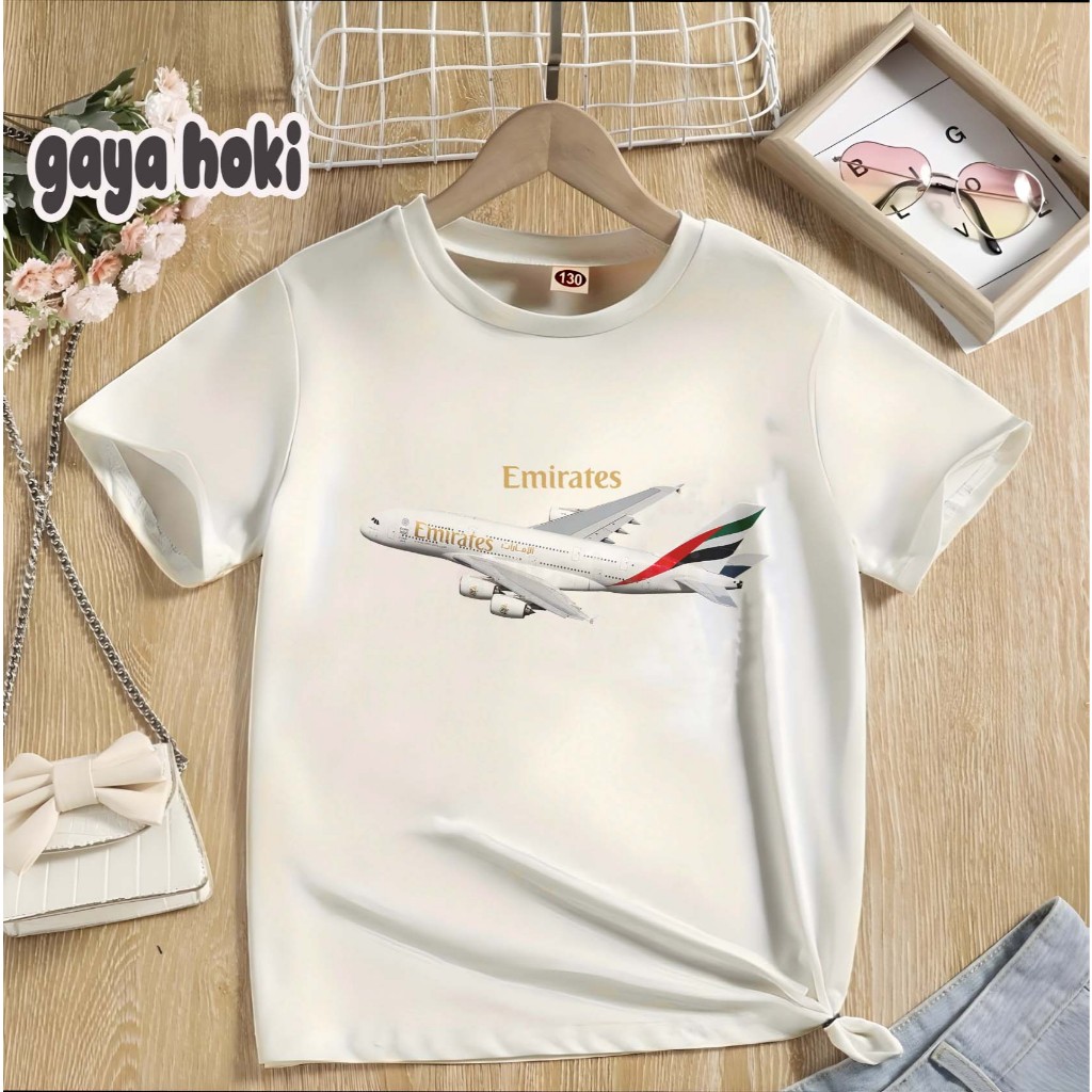 เสื้อยืดเด็กที่มี Airbus Emirates A380 ภาพ, วัสดุผ้าฝ้าย Unisex พรีเมี่ยม