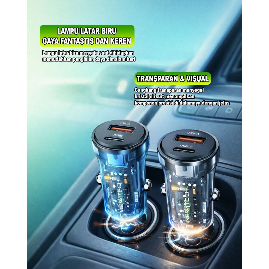 NEWTECH NT-C85Q 30W (USB+PD) SUPER FAST CHARGING / USB+TYPE C ที่ชาร์จแบตในรถ SAVER PD 30W TRANSPARE
