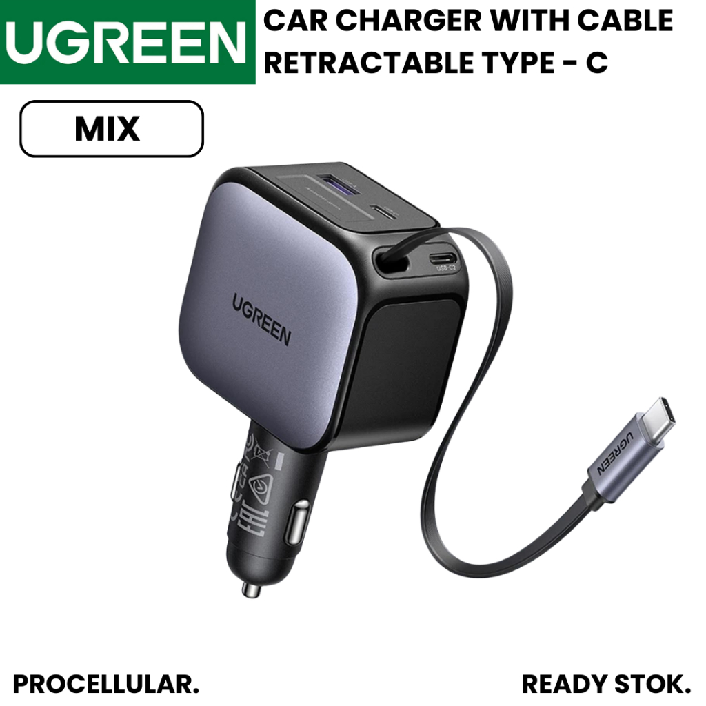 Ugreen ที่ชาร์จแบตในรถแบบยืดหดได้ 60W 90W 145W สายเคเบิล Type C ในตัว