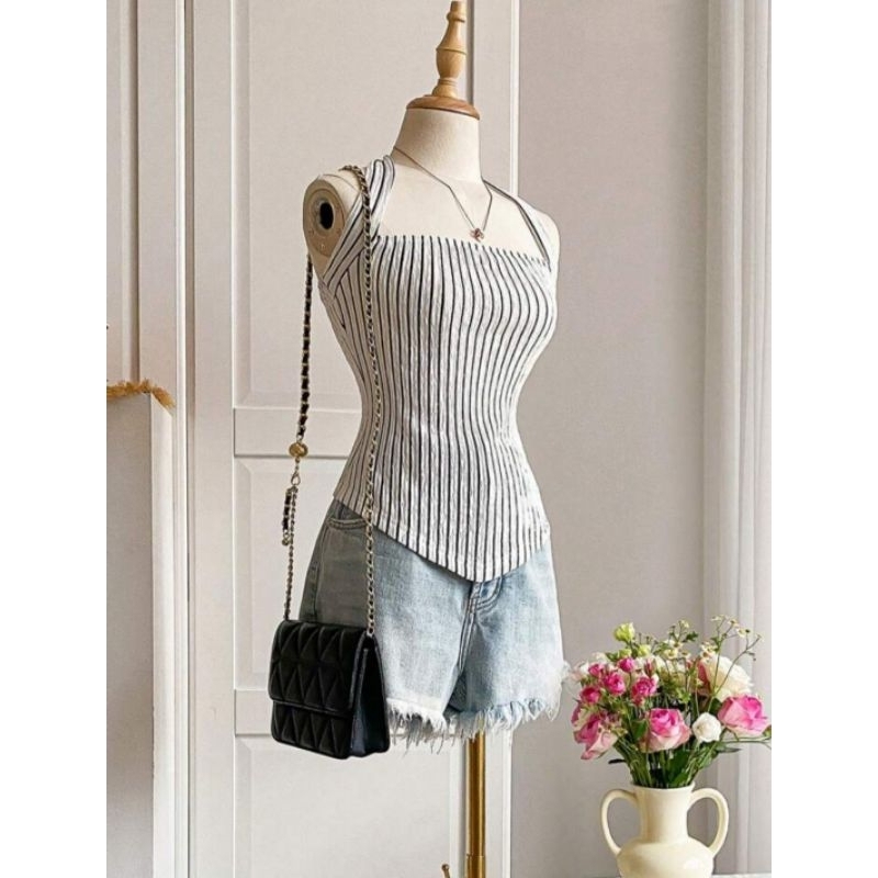 FYF_A0722 - เสื้อคล้องคอ Y2K ลายทาง