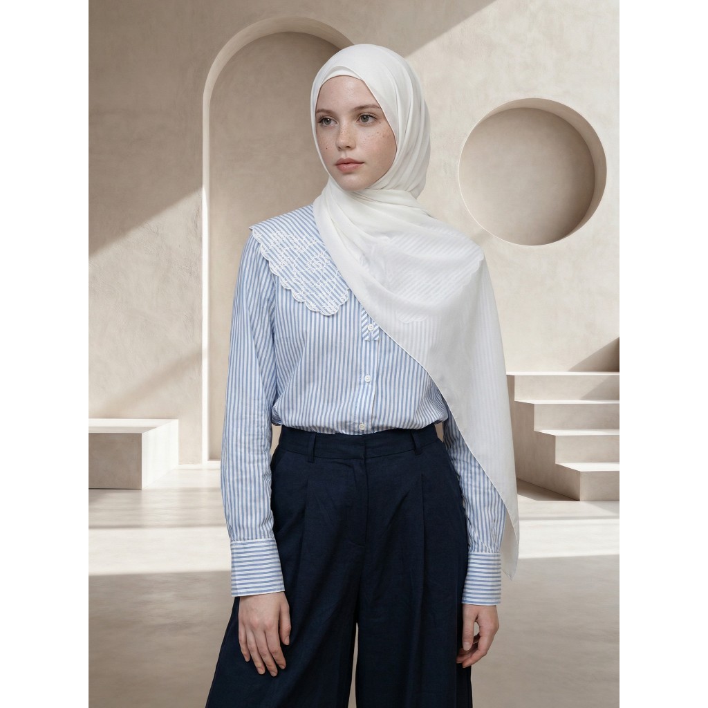 EID Anifa Blue Stripes Wide เสื้อคอปกปัก