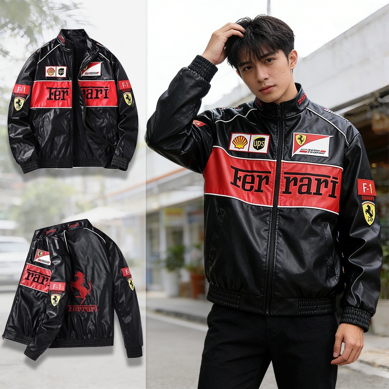 GTY F1 Ferrari Racing เสื้อแจ็คเก็ตหนังผู้ชายCool vintage Motorcycle Touring JacketปักWindbreaker Ja