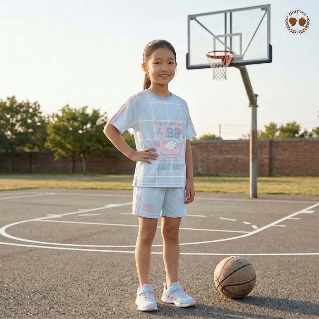 Marves Bixby Jersey Set for Girls Sports T-Shirt Pants อายุ 1 ถึง 8 ปี