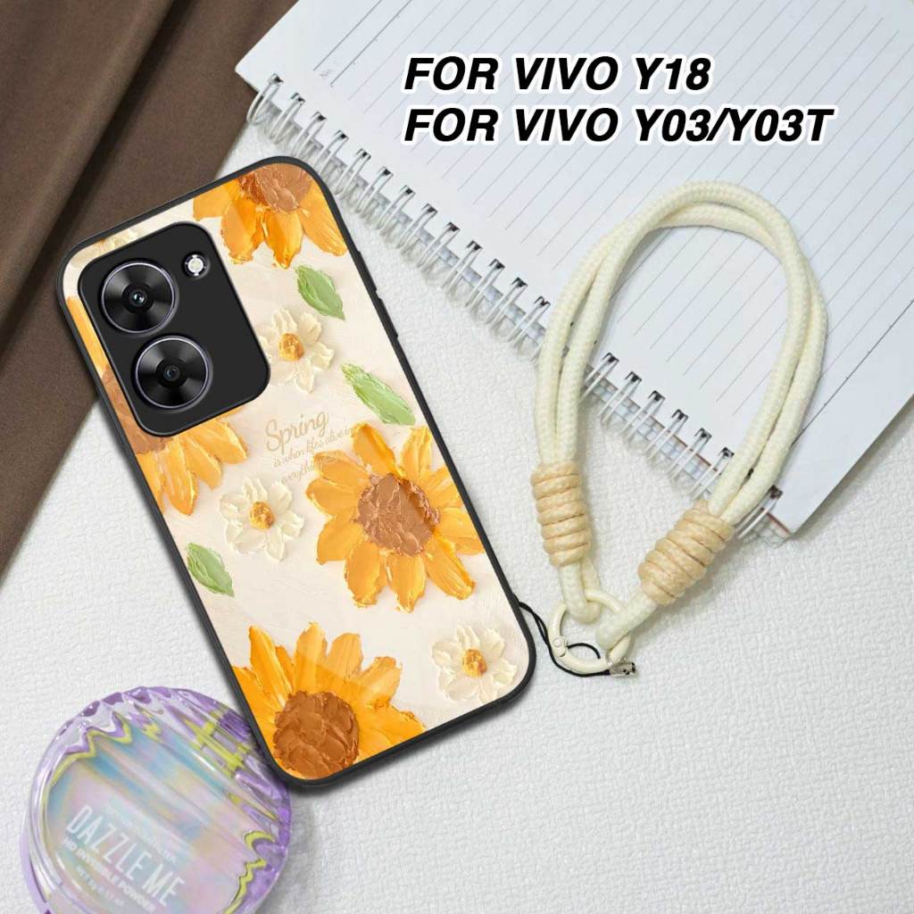 สําหรับ VIVO Y18 [M393] SOFTCASE GLASS WITH BONI WHITE STRAP สําหรับ VIVO Y03/Y03T CUTE ANIMATED MOT