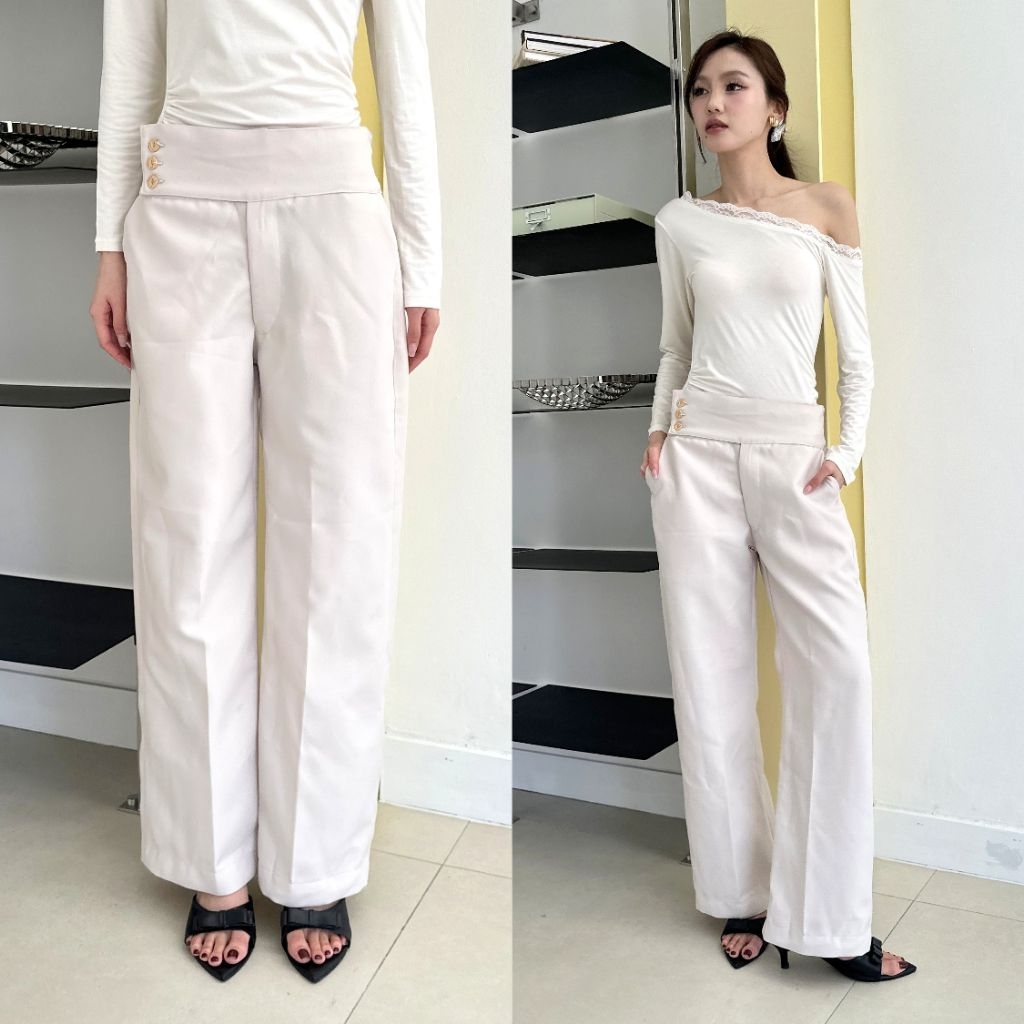 KITTIE STRAIGHT PANTS | กางเกง Semiwool Cullote เอวสูงผู้หญิงติดกระดุม | PRETTY BASIC ราคา ถูกที่สุด ดีลบีเคเค แกลเลอรีภาพที่ 2