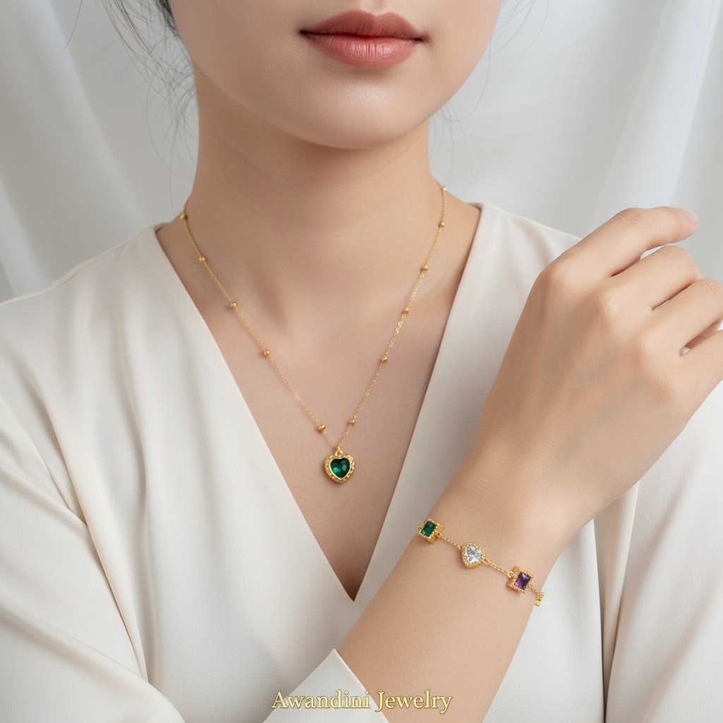 Ria ชุดสร้อยคอและสร้อยข้อมือผู้หญิงแฟชั่นหรูหราเหมาะสําหรับทุกวันและงานปาร์ตี้วัสดุไทเทเนียม Awandin