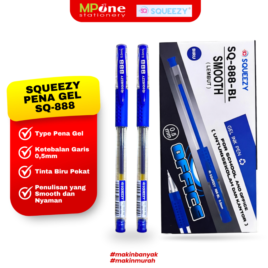 (1 กล่อง) Squeezy Gel Pen 0.5mm Blue Ink SQ888 / Gel Ink Smooth Office Pen Blue Liquid Gel Ink Squee