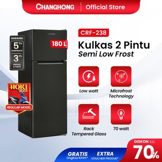 [BEST SELLER] Changhong Kulkas 2 Pintu  (Refrigerator) Lemari Es Kapasitas 180 Liter CRF238 – Black (Semi Auto No Frost) (Kapasitas Besar) (Tempered Glass) (Kombinasi Pendinginan-Pembeku) (Engsel Pintu Fleksibel) (Interior Kulkas Dengan Food Grade)