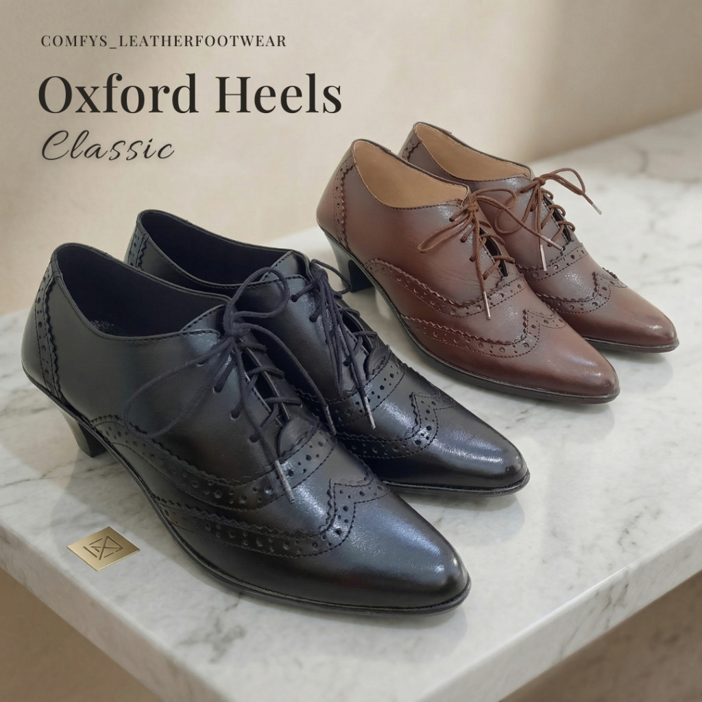 รองเท้า Oxford หนังวัวแท้สําหรับผู้หญิง - รองเท้าส้นสูง 5 ซม. รองเท้า Oxford รองเท้าสีดําสีน้ําตาล