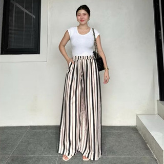 NITA Everyday Pants - Large Pinstripe Striped - Long Loose Baggy Formal Casual - Large Striped Pattern - Wanita