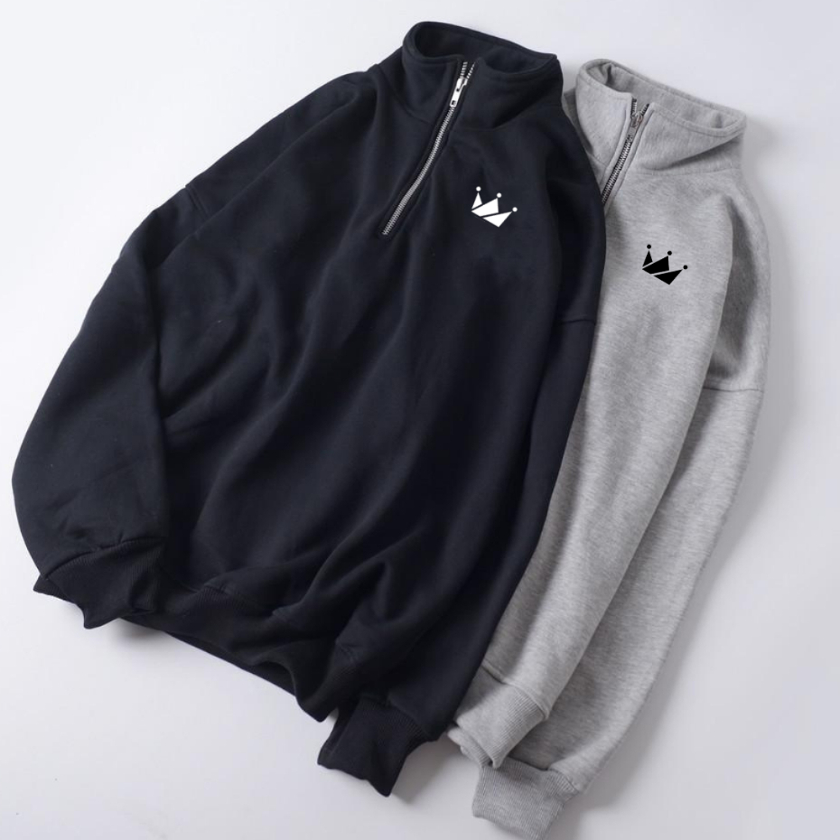 Rugby Mens Half Zipper Rugby with Little Crown Motif - Plain Basic Unisex Premium Fleece Sweater