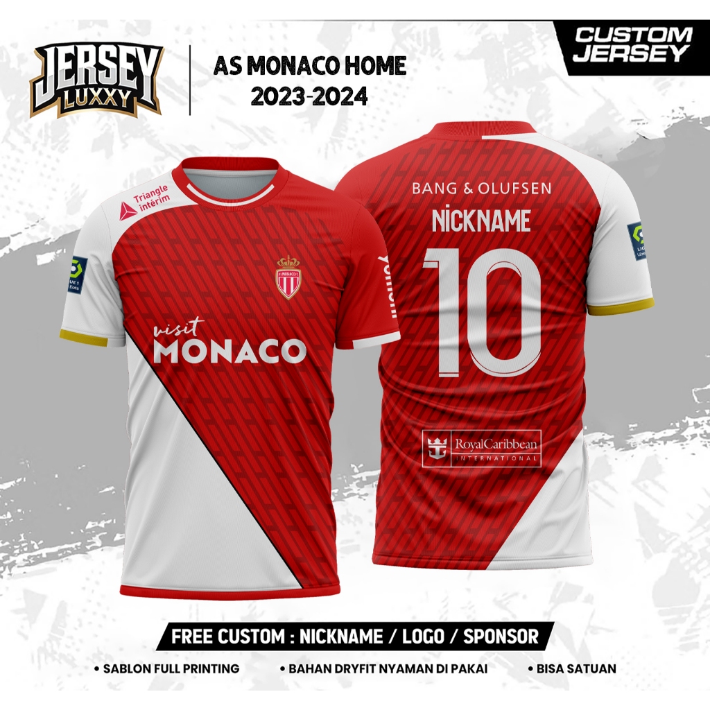 MERAH AS MONACO HOME 2023-2024 Custom Jersey SHORT Dryfit สีแดงและสีขาว, การพิมพ์แบบเต็มหน้าจอ, สามา
