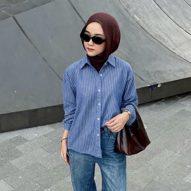 KEMEJA KATUN OVERSIZE เสื้อเชิ้ตสตรี / ผ้าฝ้าย STRIPE TOP LD 120 JUMBO MUSLIM ผู้หญิงยาว / HARA SHIR