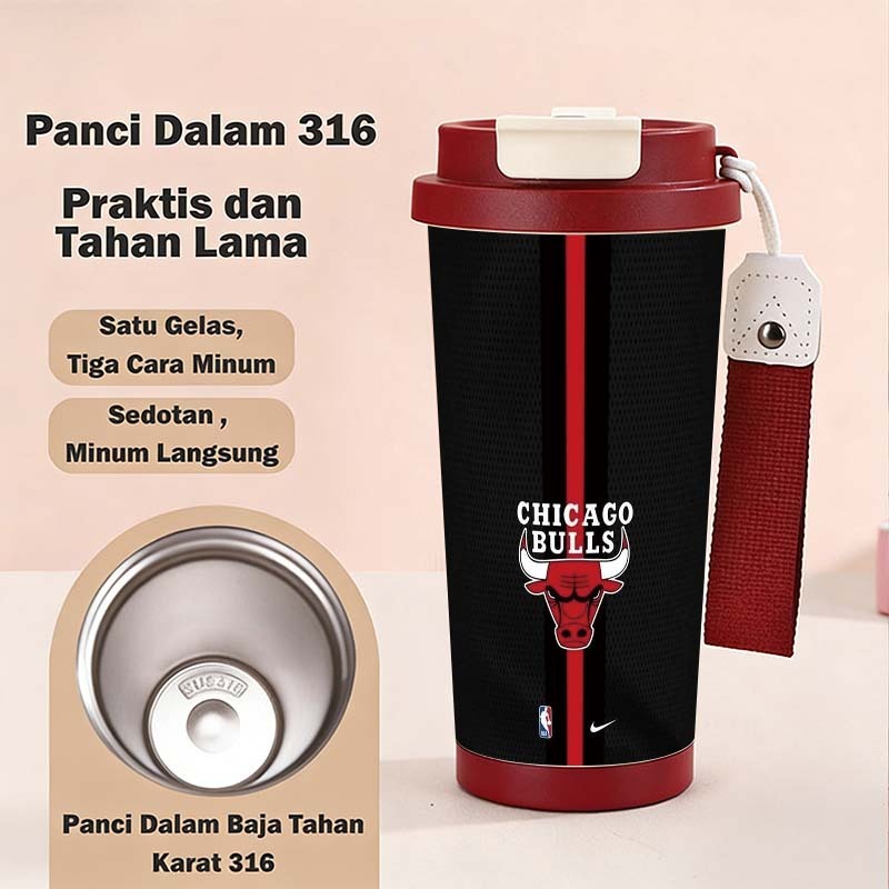 NBA Chicago Bulls แก้วกาแฟสแตนเลส 316 500ML ขวดน้ําดื่มทนความร้อนและเย็นแบบป้องกันการรั่วซึมพร้อมสาย