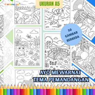 50 Kertas Mewarnai Tema Pemandangan Ukuran A5 Gambar Drawing Coloring Anak Cewek Cowok TK PAUD Hvs 80 Gsm