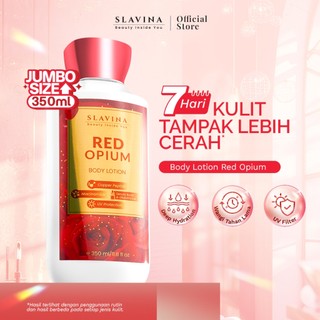 SLAVINA Body Lotion Red Opium by Nagita Slavina 350ML – Handbody Whitening & Body Serum Pemutih Badan, Tone Up Moisturizer Wangi Parfum Mewah Rose Fruity Niacinamide Glutathione Melembapkan Kulit Cerah Lembut Copper Peptide