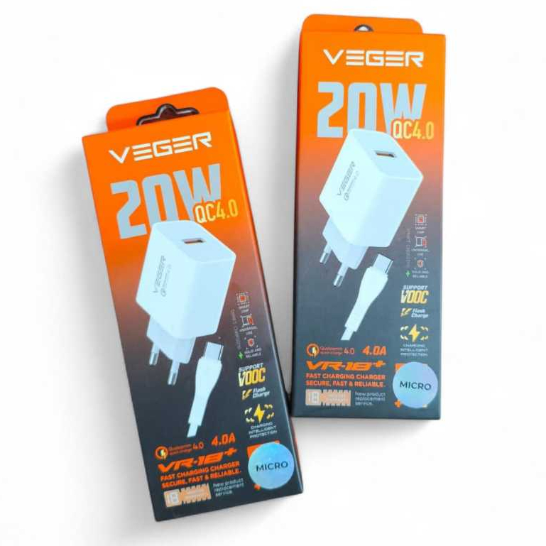 VEGER VR-18 20W Fast Charging Charger Adapter + QC 4.0 Micro USB Charger - UNIT -