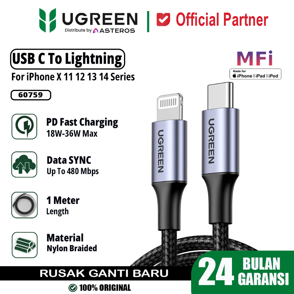 UGREEN สายเคเบิลข้อมูล Lightning Mfi สําหรับ iPhone 11 12 13 14 ชาร์จเร็ว