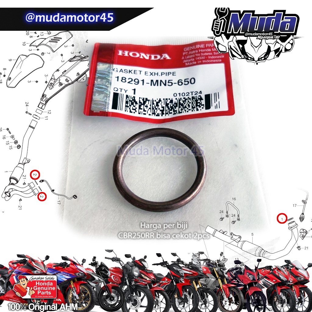 UPPER GASKET HEADER EXHAUST CBR250RR CBR150R CRF150L TIGER MEGA PRO SONIC MONOZA SUPRA GTR CB150X CB150R 18291-MN5-650 18291MN5650 PER PACK CBR ซีล CNC CNC CNC 150PRO ตัวถัง 150PRO ตัวถัง