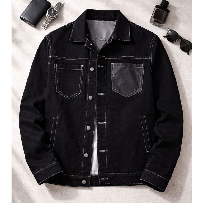 ผู้ชาย Denim Combination Elegant Leather Jeans Jacket Unisex Casual Jeans Jacket M-XXL