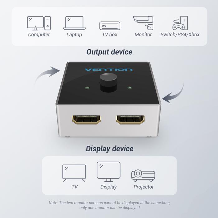Vention HDMI Bi-Directional Switcher 2 in 1 out / 1 in 2 out 4K 1080p HDMI 2.0 Metal Glass - AFL Bla
