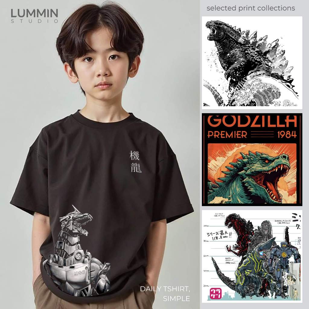 เสื้อยืดเด็กผู้ชาย LUMIN ญี่ปุ่นอะนิเมะ Godzilla Kaiju Gojira Cotton Combed 24s 3 - 10 ปีเสื้อผ้าเด็กผู้ชาย