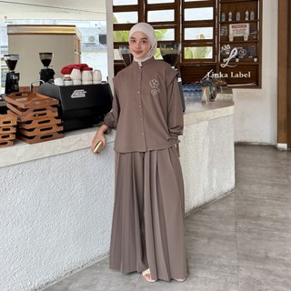 Linka - Dasha One Set Ruffle Wanita Setelan Kemeja Celana Kulot Rempel Wanita Oversized Bordir