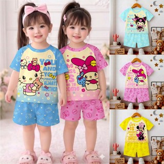 FOYA Kids Setelan Baju Anak Premium Anak Perempuan 1-6 Tahun Setelan Celana Pendek Motif KITTY MELODY MINIE ROMI