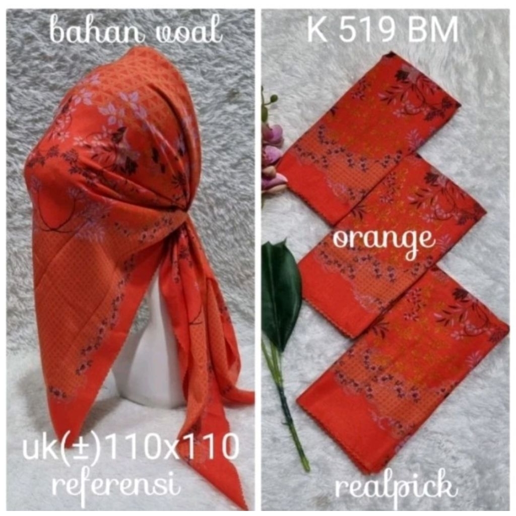 SQUARE VEIL VOAL HIJAB ดอกไม้สีส้ม MOTIF