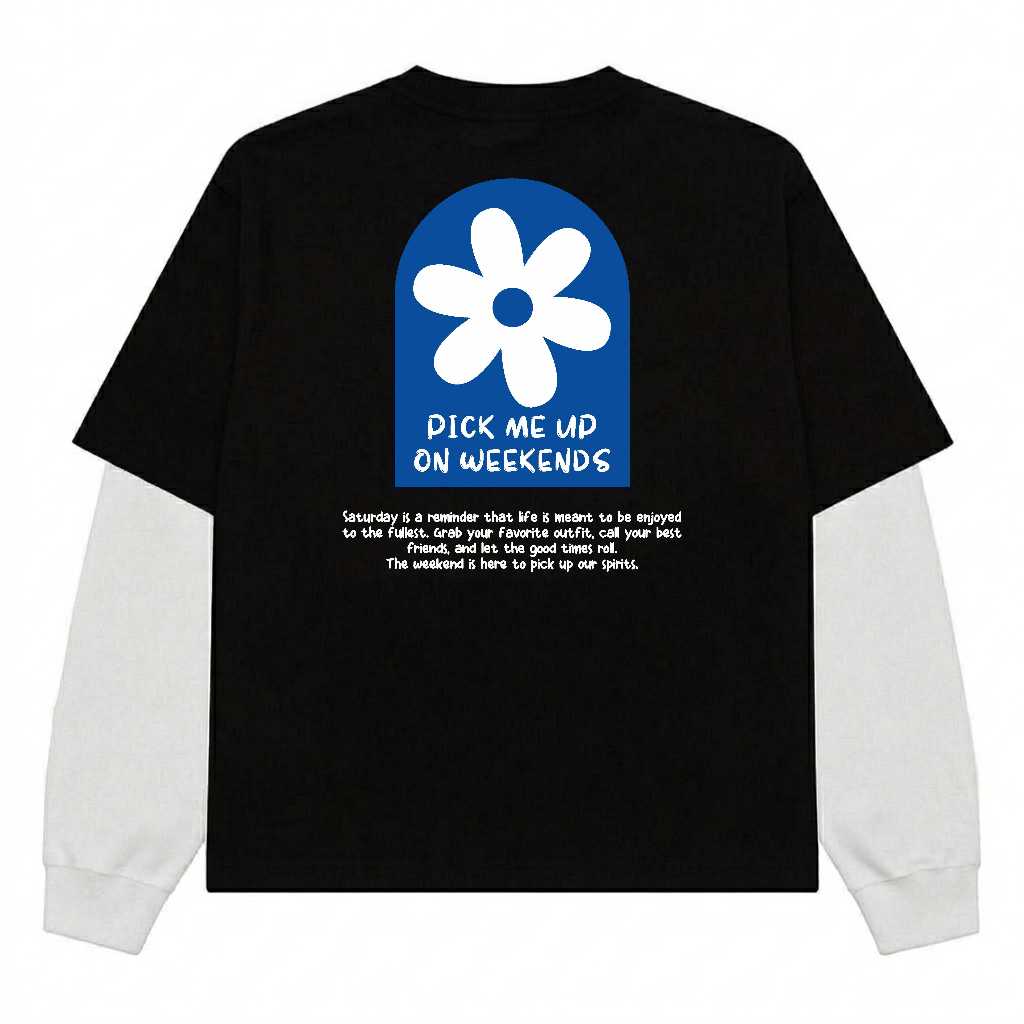 PIECETOON ผู้ชายและผู้หญิง Oversize Boxy Double Sleeve Pick Me Up On Weekends Combed 24s เสื้อยืด Un