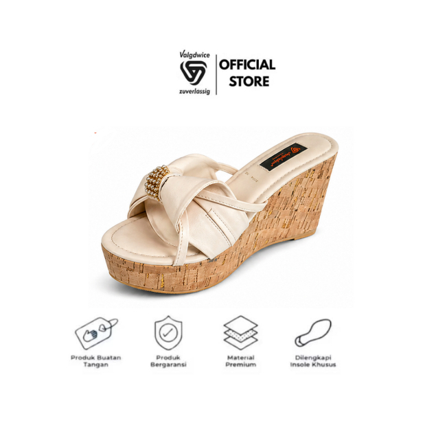 Valgdwice.id - Adena Series 6004 รองเท้าแตะส้นเตารีดผู้หญิงครีมสีดํา | สายไขว้สีทองหรูหรามีสไตล์