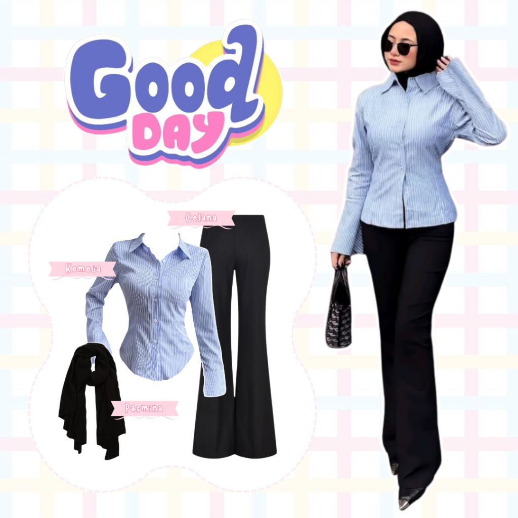 KEMEJA KATUN One Set เกาหลี Casual 3in1 ผู้หญิง / ผ้าฝ้ายลายเสื้อ + กางเกง Cutbray + Ceruty Pashmina