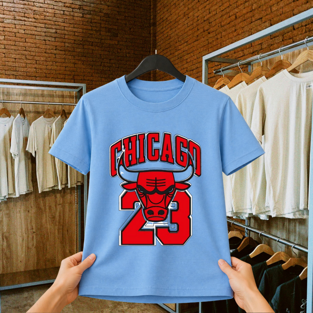 Chicago Bulls 23 Light Blue Bull Design Sporty Motif เสื้อยืดกีฬา