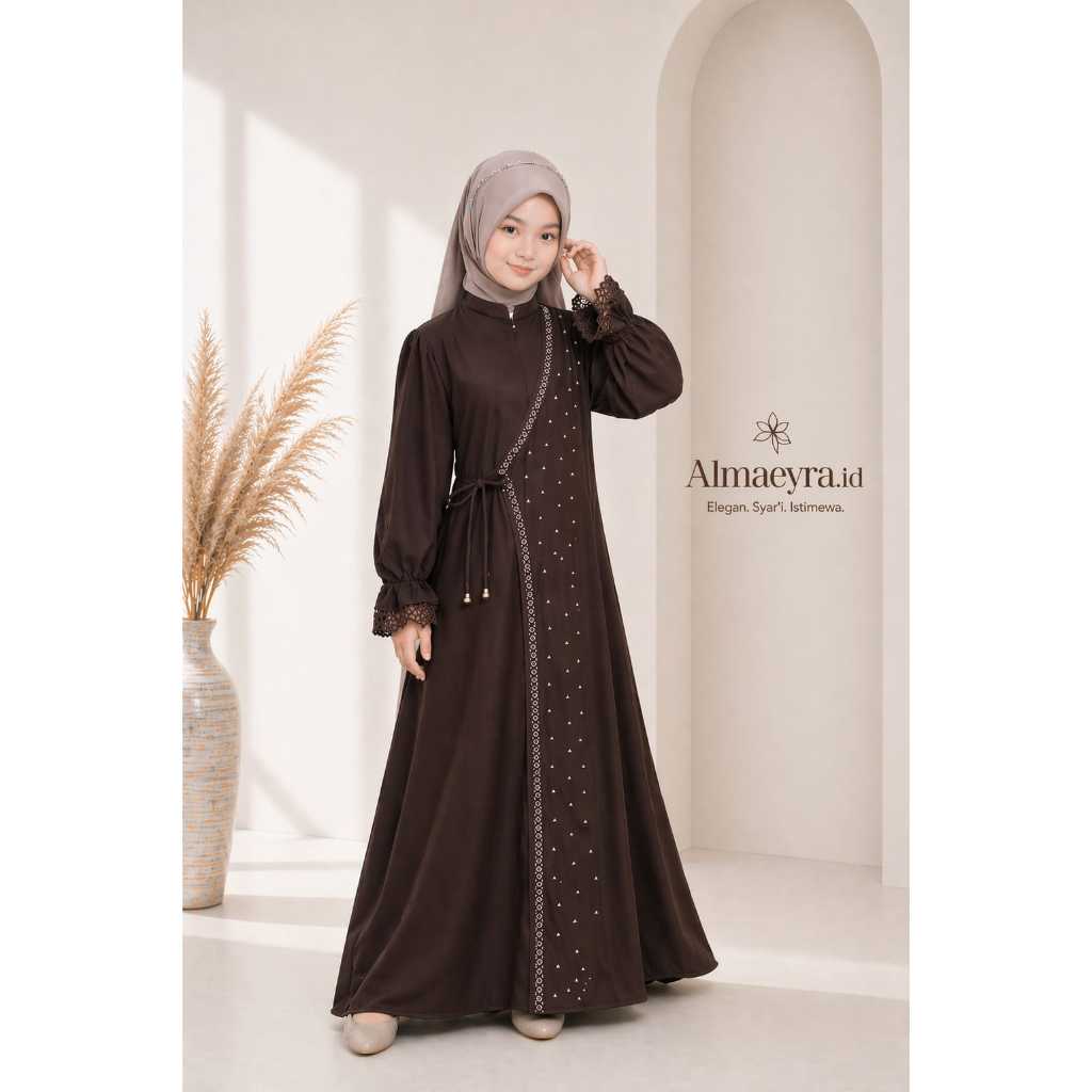 Aisyah Kids Gamis Abaya สําหรับอายุ 6-15 ปี, วัสดุ Sabrina, Anti-UV Mix Swarovski, Eid เสื้อผ้า 2026