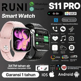 RUNI S11 Pro smart Watch | 2.08” OLED Display | WhatsApp Reply | 3ATM Tahan Air(Berenang dan Menyelam) | AI Smartwatch | Bluetooth 6.0 Calls| ChatGPT | All Workout Management system| 480 hours Battery life | for Android iOS | Garansi Resmi 1 Tahun