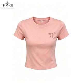 IHKKE Kaos Crop Top Wanita | Kaos Santai Wanita Motif Pita | Kaos Crop Top Pink Bahan Katun Premium | Baju Atasan Wanita Terbaru | Baju Pink